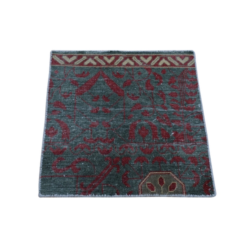 Olive Green, Mamluk Zero Pile Hand Knotted, Pure Wool Distressed and Worn Down, Sample Fragment Mat Square Oriental 