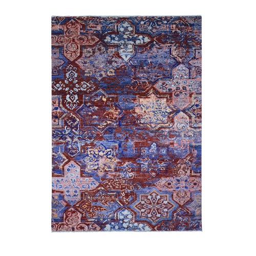 Tomato Red with Blue, Modern Erased Mamluk Design, 100% Wool, Hand Knotted, Oriental 