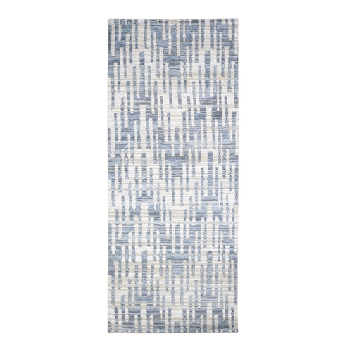 Gray, Zigzag with Graph Design, Pure Silk and Textured Wool, Hand Knotted Wide Runner Oriental Rug