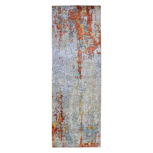 Cream-Rust, Hand Knotted, Wool and Silk Abstract with Fire Mosaic Design, Runner, Oriental Rug
