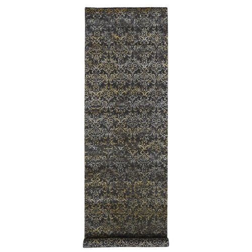 Chocolate Brown, Modern Damask Hand Knotted, Tone on Tone Wool and Silk, Wide Runner Oriental 