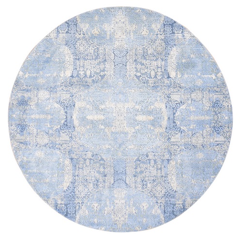 Blue Hand Knotted Wool and Pure Silk Jewellery Design with Soft Colors Round Oriental Rug