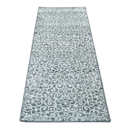 Green, Modern Damask Arabesque Design, Hand Knotted Textured Wool and Pure Silk, Runner Oriental 