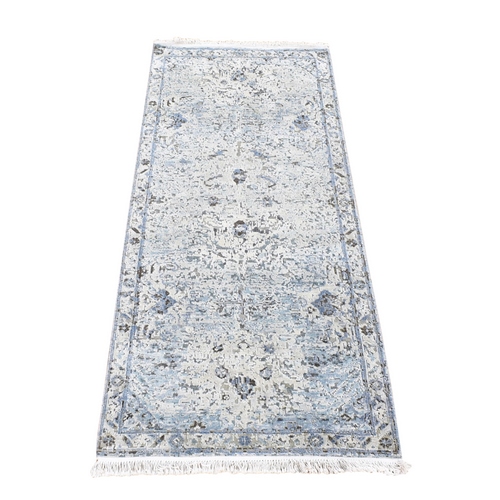 Ivory, Oushak with Distressed Look, Hand Knotted Pure Silk with Textured Wool, Runner Oriental 