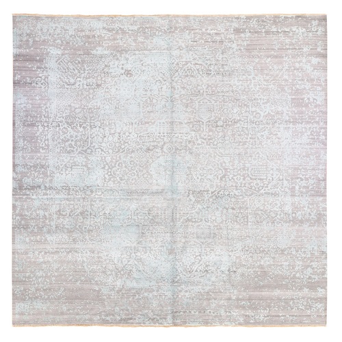 Gray-Sea Foam Green, Broken Persian Design with Faded Out Colors, Hand Knotted Wool and Silk, Square Oriental 