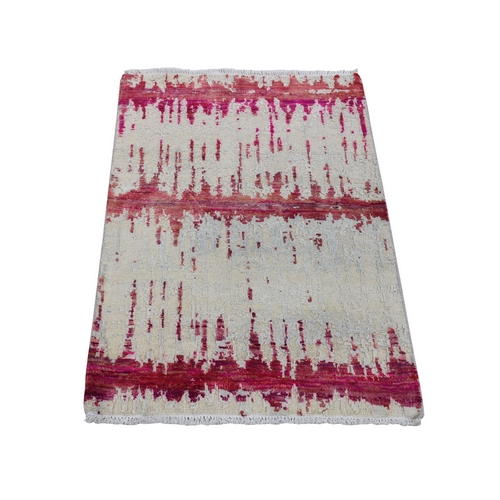 Beige and Red Cadiac Design, Silk with Oxidized Wool, Hand Knotted Oriental 