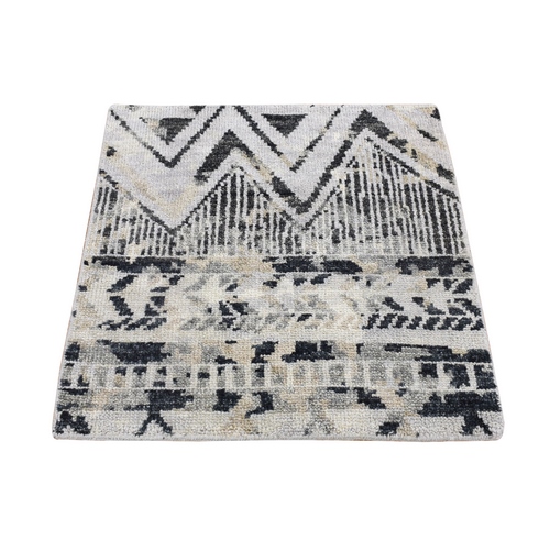 Light Gray with Black, Organic Wool Hand Knotted, Modern Design Fragment Sample, Square Oriental 