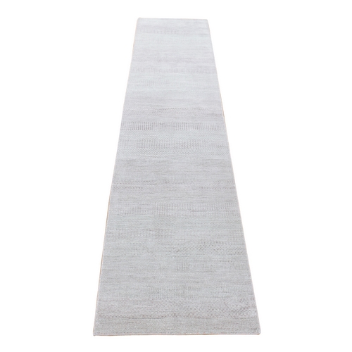 Light Gray with Touches of Pink, Modern Grass Design Gabbeh Densely Woven, Wool and Silk Hand Knotted, Runner Oriental 