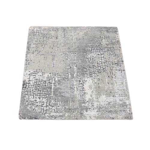 Taupe, Wool and Silk Abstract with Mosaic Design, Hand Knotted, Square Oriental Rug