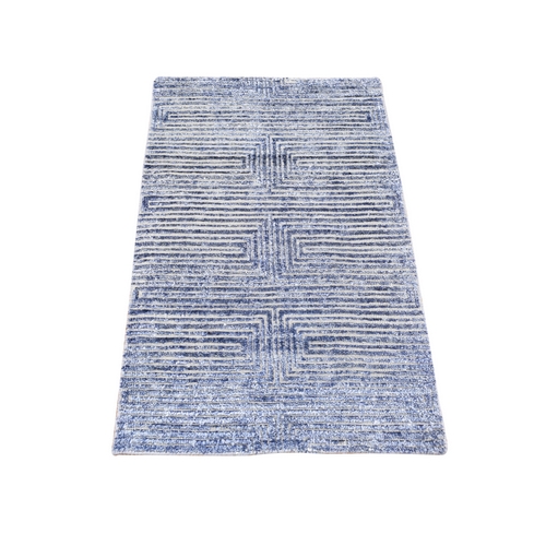 Denim Blue, Modern Design, Textured Wool with Raised Silk Hand Knotted, Mat Oriental 