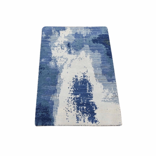 Ivory-Denim Blue, 100% Wool, Hand Knotted, Modern Abstract Design, Mat Oriental 