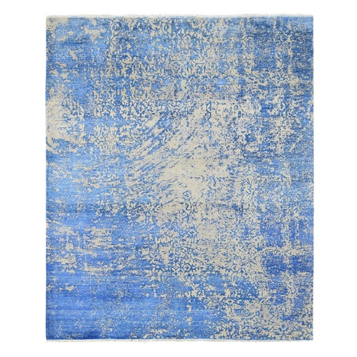 Denim Blue, Hand-Knotted, Modern Abstract Design, Tone on Tone, Wool and Silk, Oriental 