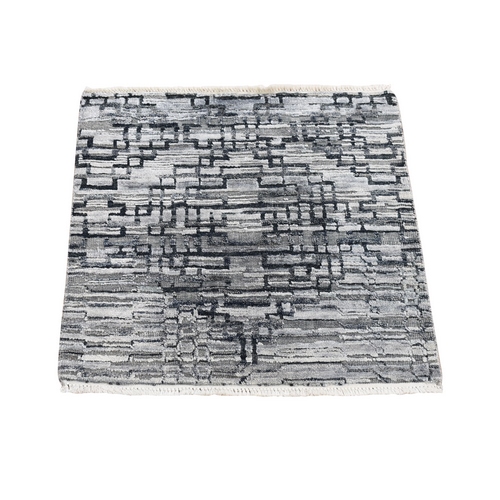 Gray, Modern Design, Silk with Textured Wool, Hand Knotted, Sample Fragment, Oriental 