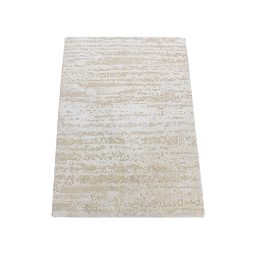 Ivory, Modern Design, Pure Silk with Textured Wool, Hand Knotted, Mat Oriental 