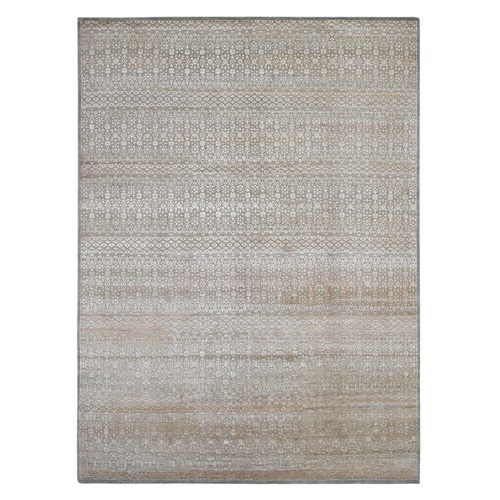Taupe, Small Repetitive Flower and Tree Design, Silken Textured Wool Hand Knotted, Oriental 