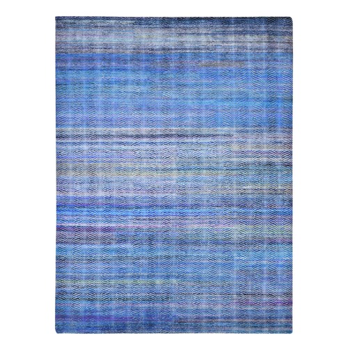 Colorful, Modern Leaf Design, Sari Silk and Textured Wool Hand Knotted, Oriental Rug