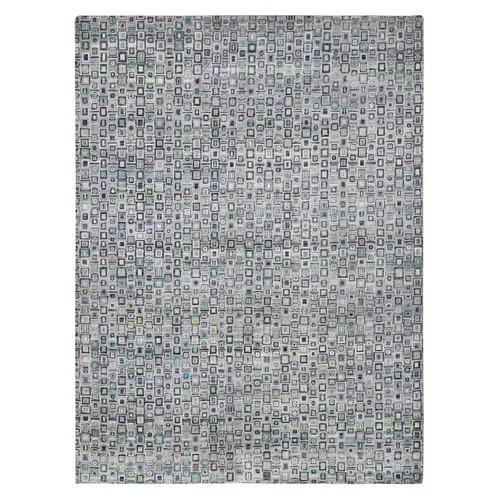 Light Gray, Sari Silk with Textured Wool, Psefas Square Design Hand Knotted, Oriental Rug
