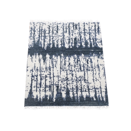 Ivory and Charcoal Black, 100% Wool, Cardiac Design, Modern, Hand Knotted, Squarish, Mat Oriental Rug