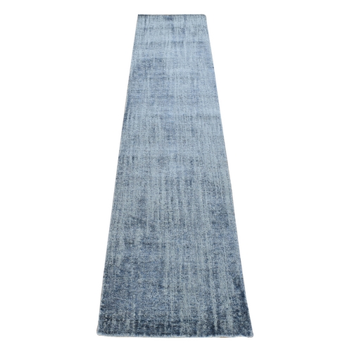 Gray Fine Jacquard Hand Loomed Modern Runner Wool and Art Silk Oriental Rug