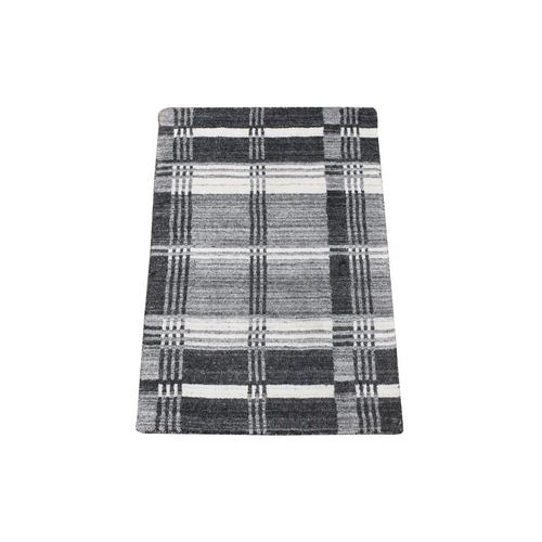 Charcoal Gray, Modern Plaid Design, Hand Loomed, 100% Wool, Mat Oriental 