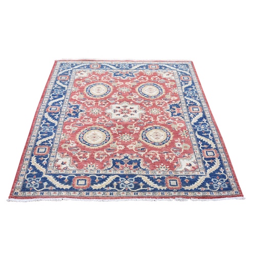 Tomato Red, Peshawar Mahal Design with Soft Colors, Soft Wool Hand Knotted, Oriental Rug 