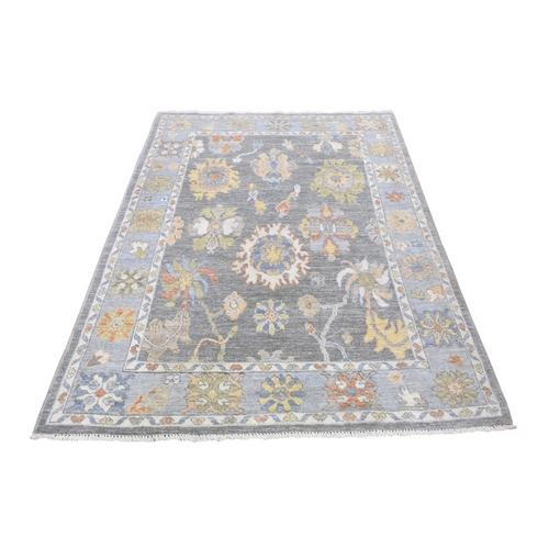 Gray, Angora Oushak with Colorful Motifs, Pure Wool Hand Knotted, Oriental Rug