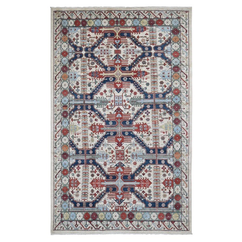 Ivory, Peshawar with Antique Seychour Design, Pure Wool Hand Knotted, Oriental Rug