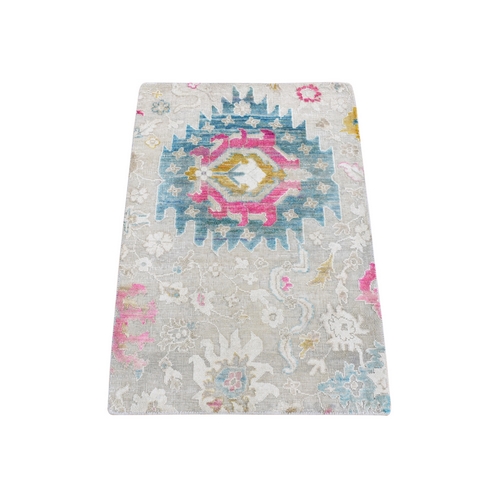 Colorful, Oushak Design, Sari Silk with Textured Wool, Hand Knotted, Mat Oriental Rug