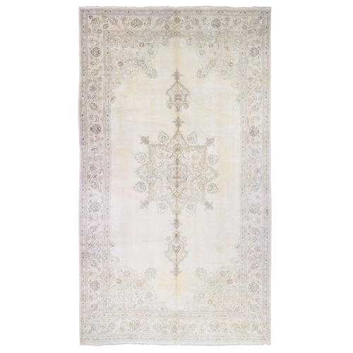 Vanilla Cream, Vintage Tabriz with Serrated Medallion Design, Full Pile Hand Knotted Pure Wool, Wide Gallery Size Oriental 