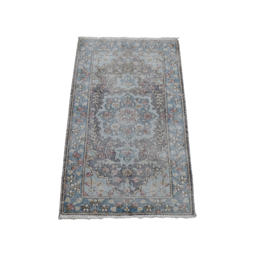 Blue, Vintage Persian Kerman with Large Medallion Design, Sheared Low Hand Knotted Worn Wool, Mat Oriental 