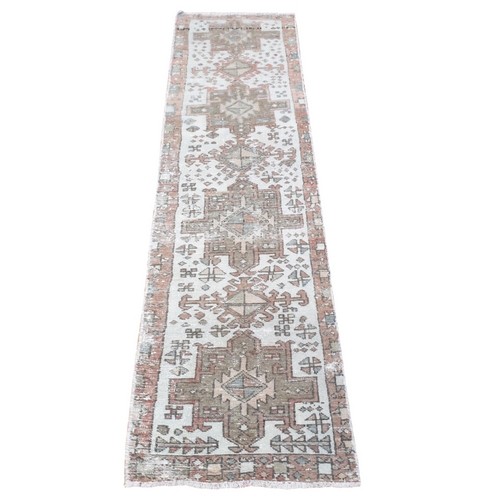 Ivory, Vintage Persian Karajeh with Geometric Medallions Design, Narrow Runner, Areas of Wear, Hand Knotted, Pure Wool Oriental Rug