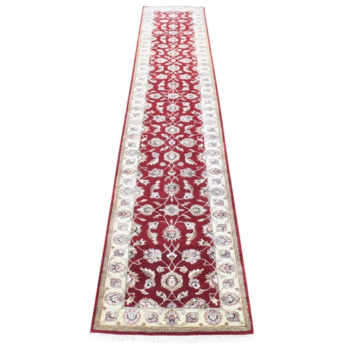 Rich Red, Rajasthan with All Over Design, Handmade Half Wool And Half Silk, XL Runner Oriental 