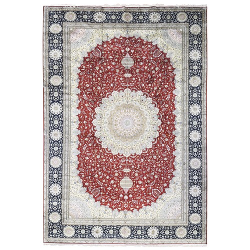 Red, Kashan with Large Medallion Design, 250 KPSI Silken Hand Knotted, Oversized Oriental 
