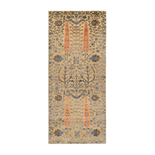 Almond Brown, Silk With Textured Wool, Hand Knotted, Cypress Tree Design, Runner, Oriental 