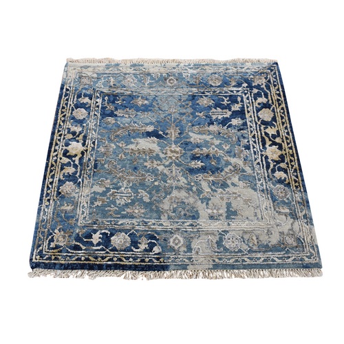 Navy Blue, Broken Persian Heriz with Erased Design, Wool And Silk Hand Knotted, Square Oriental Rug