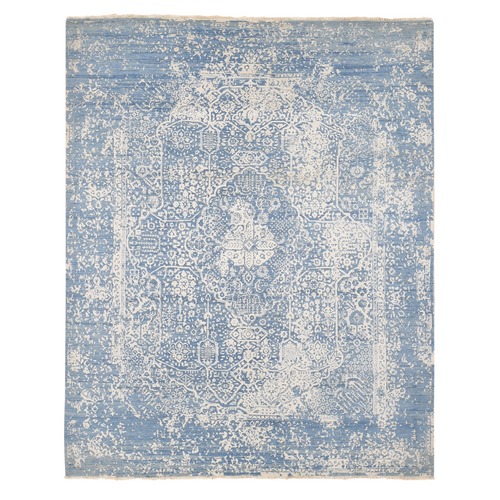 Denim Blue with a Mix of Ivory, Wool and Pure Silk, Hand Knotted, Broken Persian Design, Oriental Rug