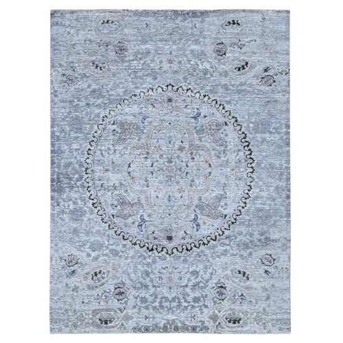 Silver Gray, THE MAHARAJA Design, Silk with Textured Wool Hand Knotted, Oriental Rug