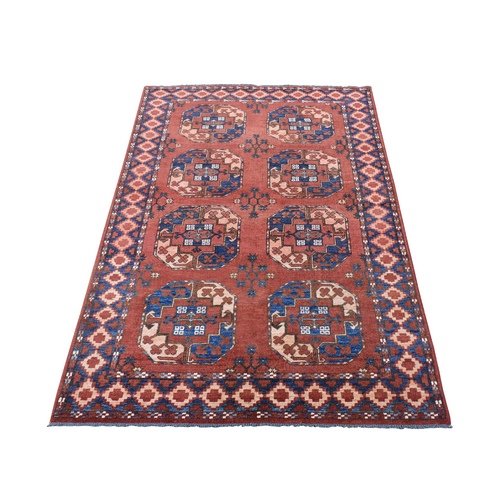 Coral Red, Afghan Ersari with Geometric Elephant Feet Design, Soft Wool, Hand Knotted, Oriental 