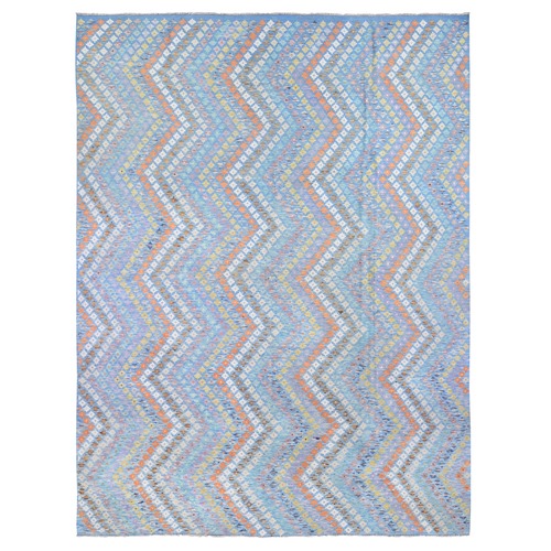 Light Blue, Afghan Kilim with Geometric Design, Multicolor Vegetable Dyes Flat Weave Vertical Zig Zag Design, Hand Knotted Pure Wool Oriental 