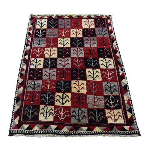 Deep Red, New Persian Gabbeh with Garden Checkers Design, Hand Knotted Pure Wool Oriental Rug