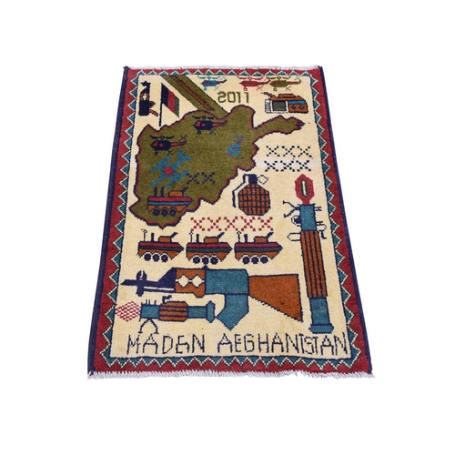 Ivory, Collectible Hand Knotted Afghan War Design, Tanks, Guns, Grenades, Choppers, Pure Wool Russian Invasion, Mat Oriental Rug