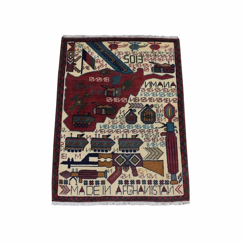 Ivory, Collectible, Hand Knotted Afghan War Design, Tanks, Guns, Grenades, Choppers, Pure Wool Russian Invasion, Mat Oriental Rug
