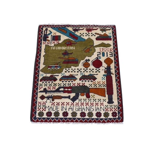 Ivory, Collectible, Pure Wool Hand Knotted, Afghan War Design, Tanks, Guns, Grenades, Choppers, Russian Invasion, Mat Oriental Rug