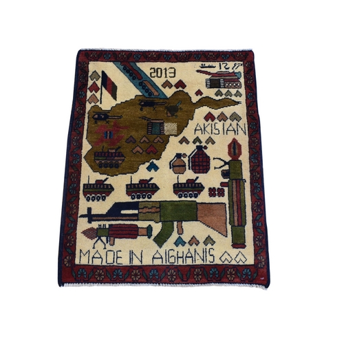 Ivory, Collectible, Afghan War Design, Tanks, Guns, Grenades, Choppers, Pure Wool Hand Knotted, Russian Invasion, Mat Oriental Rug