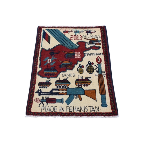 Ivory, Collectible, Hand Knotted, Afghan War Design, Tanks, Guns, Grenades, Choppers, Pure Wool, Russian Invasion, Mat Oriental Rug