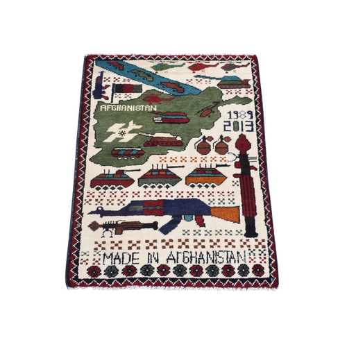 Ivory, Collectible, Hand Knotted, Afghan War Design, Tanks, Guns, Grenades, Choppers, Pure Wool, Russian Invasion, Mat Oriental Rug
