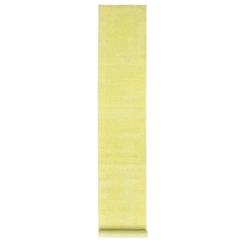 Yellow, Overdyed Peshawar Hand Knotted Pure Wool, XL Runner Oriental 