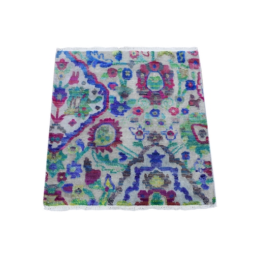Light Gray, Colorful Floral Pattern, Sari Silk with Textured Wool, Hand Knotted, Sample Fragment, Oriental Rug