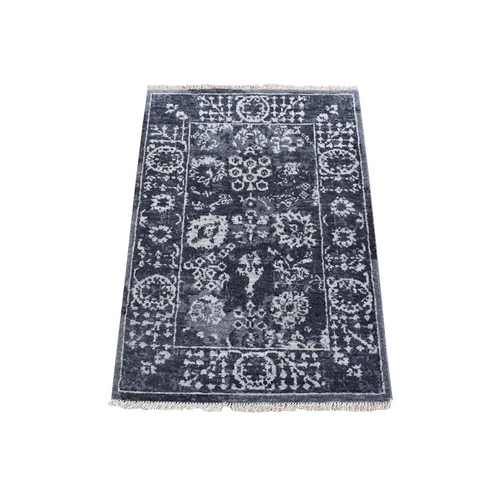 Charcoal Black, Wool and Silk, Broken Persian Tabriz Design, Hand Knotted, Mat Oriental 