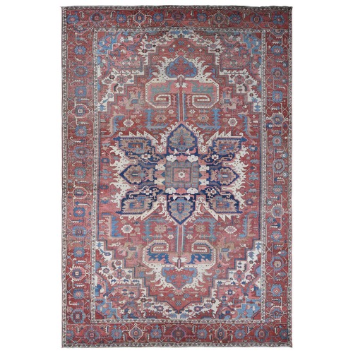 Blush Red, Antique Persian Serapi Heriz with Helicopter Design, Even Wear, Clean, Sides and Ends Professionally Secured, Hand Knotted, Pure Wool, Oversized Oriental Rug